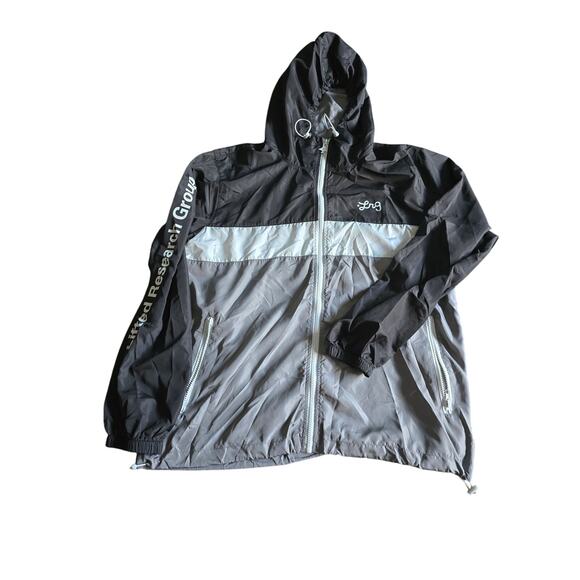 Mens LRG Wind‎ Breaker Full Zip Up Hoodie large hiking lightweight black pockets - Picture 1 of 5